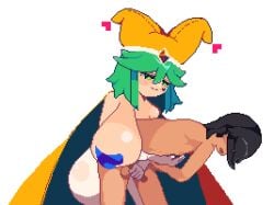 1boy 1girls animated breasts cape femdom game_cg gigantic_breasts gloves green_eyes green_hair handjob handjob_from_behind heart_pasties heart_tattoo huge_breasts jester jester_hat kogoeruretasu legwear loop looping_animation lustful_dreamers masturbating masturbating_other masturbation nipple_play outercourse pasties penis pixel_animation pixel_art saya_(lustful_dreamers) smile tagme top_heavy topless topless_female transparent_background white_gloves