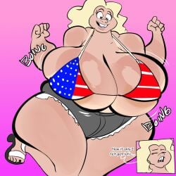 2025 2d_(artwork) american_flag_bikini bbw bikini bikini_top blonde_hair_female buckteeth clavicle cleavage darla_doofrain_(bargsilona) denizen1414 dialogue female high_heel_sandals high_heels huge_breasts jiggling_breasts open_mouth original original_character puffy_hair shorts smiling solo_female tanlines tanned_female text thick_thighs