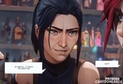 3girls ai_generated arcane arcane_caitlyn arcane_jinx arcane_vi attractive blue_hair caitlyn_kiramman caption caption_box captioned cartoon english_text female female_only jinx_(league_of_legends) petite petite_body petite_female sequence shocked shocked_expression shocked_eyes solo_focus story story_at_source story_in_picture text text_box text_bubble words