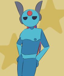 1girls antennae_(anatomy) blue_body blue_skin breasts disinterested facial_markings female forehead_mark hands_on_hips iterator_(rain_world) looking_at_viewer looks_to_the_moon_(rain_world) nipples rain_world robot robot_girl robot_humanoid wire