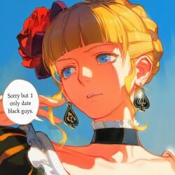 1girl ai_generated beatrice_(umineko) blonde_hair blue_eyes choker close_up dress earrings english_text expressionless face_closeup face_focus female fixing_hair hair_flower hair_ornament parted_lips queen_of_spades raceplay rejection spade_earrings speech_bubble text umineko_no_naku_koro_ni