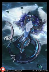 aquatic_dragon azaleesh blue_hair claws dragon finn floating hair leaf long_hair male penis solo swimming water wings