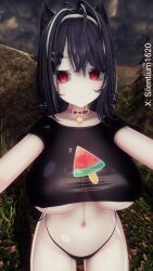 1girls bell_collar big_breasts big_eyes black_hair black_shirt black_topwear breasts cat_bell collar crop_top crop_top_overhang female forest front_view light-skinned_female light_skin panties red_collar red_eyes selfie silentium1620 silya t-shirt tagme underboob vrchat vrchat_avatar watermelon_print watermelon_slice