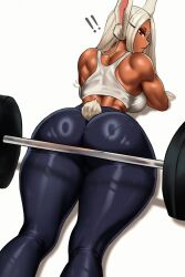 ! !! 1girls absurdres animal_ears ass back bare_arms bare_shoulders black_leggings blue_pants boku_no_hero_academia border breasts clothing_cutout commentary dark-skinned_female dark_skin female female_only from_behind fully_clothed hair_over_shoulder hand_on_own_hip highres holding holding_towel huge_ass large_breasts leggings long_eyelashes long_hair looking_at_viewer looking_back lying median_furrow medium_breasts mirko miruko my_hero_academia on_stomach pants pantylines parted_bangs ponytail rabbit_ears rabbit_girl rabbit_tail red_eyes rumi_usagiyama shadow shounen_jump simple_background solo sports_bra steaming_body sweat tail tail_through_clothes thick_thighs thighs tight_clothes tight_pants toned toned_female towel weights white_border white_hair white_sports_bra witlessfrawn yoga_pants