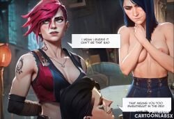 1boy 2girls ai_generated arcane arcane_caitlyn arcane_vi breasts caitlyn_kiramman caption caption_box captioned cartoon english_text female grabbing male multiple_girls petite petite_body petite_female pulling_clothing removing_shirt sequence shocked shocked_expression shocked_eyes story story_at_source story_in_picture stripping taking_clothes_off text text_box text_bubble tits_out words