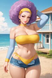 afro ai_generated armpits beach beach_house bursting_breasts choker denim_shorts detached_sleeves earrings female headband house large_breasts lavender_hair milf ocean ocean_background one_hand_behind_head open_shorts purple_hair rgomez007 side-tie_bikini skindentation solo_female stable_diffusion thick_thighs tubetop unbuttoned_shorts wide_hips yellow_bikini