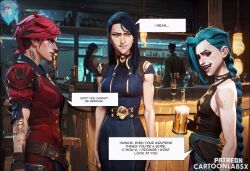 3girls ai_generated arcane arcane_caitlyn arcane_jinx arcane_vi attractive blue_hair caitlyn_kiramman caption caption_box captioned cartoon english_text female female_only jinx_(league_of_legends) multiple_girls petite petite_body petite_female sequence shocked shocked_expression shocked_eyes story story_at_source story_in_picture text text_box text_bubble threesome words