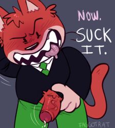 2019 anthro bottomwear clothing domestic_cat english_text faggotrat felid feline felis fur goro_(mappy) hi_res humanoid_hands humanoid_penis male male_only mammal mappy pants penis red_fur shirt slightly_chubby solo text tongue tongue_out topwear