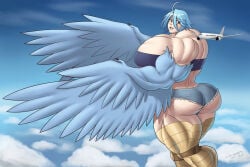 1girls ahoge airplane ass blue_feathers blue_hair dagwam female giantess harpy in_the_air in_the_sky macro monster_girl monster_musume_no_iru_nichijou muscle_fetish muscles muscular muscular_arms muscular_female muscular_thighs papi_(monster_musume) short_shorts sky talons thighs wings