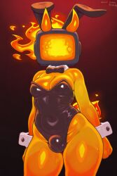 1nonbinary ai ai_generated bowtie breasts bulge bulge_under_clothes bunny_suit cowboy_shot detached_collar detached_cuffs erection erection_under_clothes fake_rabbit_ears fiery_hair fire for_a_head matador_(meleeniacs) medium_breasts meleeniacs nonbinary nonbinary_(lore) orange_skin playboy_bunny playboy_bunny_costume playboy_bunny_leotard playboy_outfit roblox roblox_game solo solo_anthro solo_focus strapless_leotard thick_thighs thighs tv_head