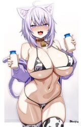 1girls :3 :d bell bikini blush cat_girl choker cleavage collar cow_bell cow_bell_collar cow_print cow_print_bikini cow_print_thighhighs curvy female female_only handplug holding_milk hololive hucow huge_breasts long_fingernails long_nails looking_at_viewer micro_bikini milk_bottle nail_polish nekomata_okayu nose_blush painted_fingernails painted_nails revealing_clothes signature skimpy_clothes skindentation thick_thighs thighhighs virtual_youtuber voluptuous wide_hips