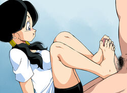 barefoot bike_shorts black_hair blue_eyes blush breasts censored clothed_female_nude_male dragon_ball dragon_ball_z erection feet female footjob from_side gradient gradient_background highres legs long_hair looking_at_another male_pubic_hair medium_breasts mosaic_censoring old_school_academy parted_lips penis pubic_hair shirt simple_background sitting smile solo_focus sweat sweatdrop thighs toes twintails videl white_shirt