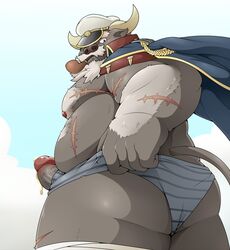 2019 ahab_(tokyo_afterschool_summoners) anthro ass belly bodily_fluids bovid bovine clothing cum erection genital_fluids hat headgear headwear hi_res humanoid_hands humanoid_penis male male_only mammal moobs nipples overweight overweight_male penis pomupomu490 scar solo swimwear tokyo_afterschool_summoners true_buffalo video_games water_buffalo