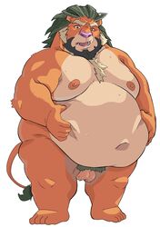 2019 anthro arsalan balls belly bluewhale127 blush felid fur furry hi_res humanoid_hands lion male male_only mammal moobs navel nipples obese overweight pantherine simple_background solo solo_male tokyo_afterschool_summoners video_games white_background