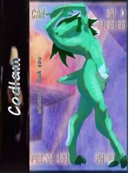 animal_genitalia anthro balls codlam digital_media_(artwork) genitals hair hi_res lemony_(codlam) male nude scalie sheath short_tail simple_background solo tail text