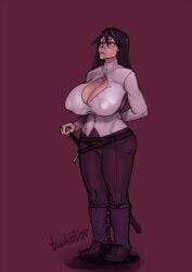 1girls breasts brown_pants cleavage covered_nipples cross_necklace female full_body half-closed_eyes huge_breasts long_hair no_bra_under_clothes original pants partially_unbuttoned simple_background solo standing stern_expression sword towkatov white_shirt