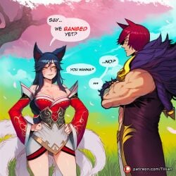 1boy ahri ai_generated animal_ears bare_shoulders black_hair braid breasts cherry_blossoms cleavage collarbone crossed_arms day detached_sleeves english_text facial_mark female fox_ears fox_tail grass hands_on_own_hips korean_clothes large_breasts league_of_legends long_hair looking_at_another multiple_tails muscular muscular_male outdoors patreon_username petals red_hair scar scar_on_face scar_on_nose sett shiny_skin short_hair smile speech_bubble tail tillian tree web_address whisker_markings yellow_eyes
