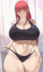 1girls ai_generated big_breasts breasts earrings female large_breasts large_thighs makima_(chainsaw_man) red_hair smile solo teasing thick_thighs thong wide_hips yellow_eyes