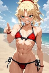 1girls abdomen abs ai_generated angry angry_face beach blonde_female blonde_hair breasts female female_only green_eyes mordred_(fate) muscular pointing_at_viewer ponytail small_breasts solo sweating swimsuit thong
