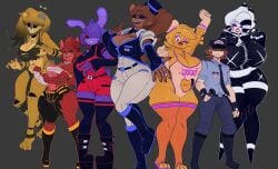 1boy 6girls bandaged_arm bandaged_chest bangs_over_one_eye bear_ears bear_girl big_breasts bonfie bonfie_(cally3d) bonfie_(cryptia) bonfie_(cryptiacurves) breasts bunny_tail chica_(cally3d) chica_(fnaf) chicken_girl cryptiacurves eyepatch fazclaire's_nightclub female fexa fexa_(cally3d) fexa_(cryptia) fexa_(cryptiacurves) five_nights_at_freddy's fox_ears fox_girl fox_tail foxy_(cally3d) foxy_(fnaf) fredina's_nightclub fredina_(cally3d) golden_freddy_(fnaf) golden_fredina_(cally3d) loincloth male marionette marionette_(fnaf) nightguard overalls platform_boots puppet_(cally3d) puppet_(fnaf) rabbit_ears torn_clothes torn_pants torn_shirt