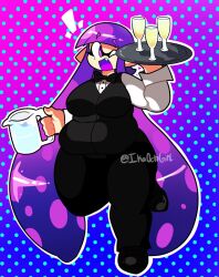breasts cocktail cocktail_glass cup drinking_glass fat female huge_breasts ikaoctogirl inkling inkling_girl inkling_player_character large_breasts pants pitcher_(container) purple_eyes purple_hair solo splatoon waiter water