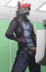 balls bathroom canid canine canis clothing digital_drawing_(artwork) digital_media_(artwork) ejaculation furco genitals grin hair hands-free hi_res humanoid_genitalia jacket male mammal penis public_restroom smile solo solo_focus teeth topwear urinal vein veiny_penis wolf