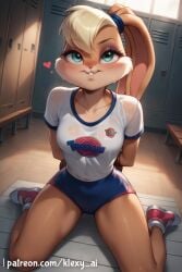 ai_generated anthro ass athletic athletic_anthro athletic_female ball_(object) barefoot basketball basketball_(ball) basketball_court blonde_hair bodily_fluids bottomwear bra braless buckteeth eyshadow feet female fingers fur hair hi_res holding_ball holding_object klexyai lagomorph leporid lola_bunny looking_at_viewer looking_back looney_tunes makeup mammal no_bra rabbit smile solo standing sweat sweatdrop tail teeth toes topless topless_female uniform