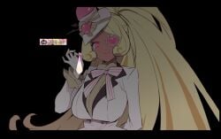 @_@ arm_behind_back black_background blonde_hair bow bowtie breasts brown_hair brown_shirt buttons censored closed_mouth collared_shirt condom cookie_run cookie_run:_ovenbreak cum curly_sidelocks dark-skinned_female dark_skin double-breasted eyepatch female frilled_eyepatch frilled_sleeves frills game_screenshot_inset gloves glowing glowing_eye hand_up hat hat_ornament hat_tip heart heart_eyepatch heart_hat_ornament high_ponytail highres holding holding_condom humanization jacket korean_text lapels large_breasts letterboxed long_hair long_sleeves looking_at_viewer mini_hat mini_top_hat mosaic_censoring multicolored_hair notched_lapels official_alternate_costume official_alternate_eye_color ohta_guk_hip one_eye_covered ponytail protected_link shirt simple_background smile solo streaked_hair striped_bow striped_bowtie striped_clothes timekeeper_cookie timekeeper_cookie_(timeless_love) top_hat translation_request two-tone_hair upper_body used_condom very_long_hair white_bow white_bowtie white_gloves white_hat white_jacket