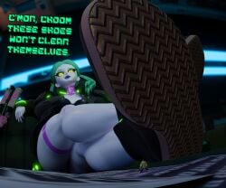 1boy 1girls 3d 3d_(artwork) cyberpunk:_edgerunners cyberpunk_2077 david_martinez_(edgerunners) dominant dominant_female domination feet_focus feet_up female femdom giantess green_eyes green_hair keynor macro micro rebecca_(edgerunners) shoes shoes_on sneakers tagme tattoo text