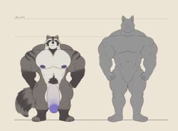 4_toes abs anthro areola arm_markings balls barazoku biceps big_balls big_muscles big_nipples big_pecs big_penis biped black_claws canid canine canis claws closed_smile comparing countershade_face countershade_fur countershade_torso countershading deltoids digital_drawing_(artwork) digital_media_(artwork) dot_eyes duo facial_markings featureless_crotch feet fingerless_(marking) fingerless_gloves_(marking) fingers fist flaccid flat_colors foreskin front_view full-length_portrait fur fur_markings genitals glans gloves_(marking) grey_body grey_fur grey_pubes handwritten_text head_markings hi_res huge_balls huge_cock huge_muscles humanoid_genitalia humanoid_hands humanoid_penis hyper hyper_balls hyper_genitalia hyper_muscles hyper_penis imperial_unit larger_anthro larger_male leg_markings looking_at_viewer looking_forward male male_anthro mammal manly markings mask_(marking) measurements metric_unit mouth_closed multicolored_body multicolored_fur muscular muscular_anthro muscular_male navel nipples nude nude_anthro nude_male number pecs penis plantigrade portrait procyonid pubes purple_areola purple_eyes purple_glans purple_nipples purple_nose quads raccoon retracted_foreskin ring_(marking) ringed_tail shoulder_markings silhouette simple_background simple_eyes size_difference smaller_anthro smaller_male smile socks_(marking) standing stated_height striped_markings striped_tail stripes tail tail_markings text theor toe_claws toeless_(marking) toeless_socks_(marking) toes trapezius triceps v-cut vein veiny_penis white_balls white_body white_countershading white_fur