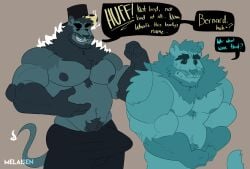 2022 absurd_res anthro barazoku beard bernard_(melaisen) big_bulge black_clothing black_hat black_headwear black_sclera black_top_hat bodily_fluids bulge clothed clothing dialogue digital_drawing_(artwork) digital_media_(artwork) erection erection_under_clothing facial_hair felid ghost grey_background grin hat headgear headwear hi_res huge_bulge male mammal melaisen muscular muscular_anthro muscular_male nervous nervous_sweat nipples pantherine portrait possession pubes simple_background smile solo spirit standing sweat tail teal_beard teal_facial_hair teal_nipples teal_pubes teal_tail teeth tenting text three-quarter_portrait top_hat topless topless_anthro topless_male yellow_eyes yellow_text