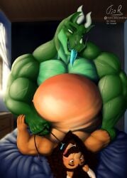 anal anal_sex anthro anthro_on_anthro anthro_penetrated anthro_penetrating anthro_penetrating_anthro bed bedroom bedroom_sex big_muscles bodily_fluids brown_eyes brown_hair collar curtains curtains_open dragon duo felid fur furniture genitals green_body hair horn hybrid leash leash_pull leashed_collar lion male mammal muscles muscular mythological_creature mythological_scalie mythology orange_body orange_fur pantherine penetration penis scalie sex
