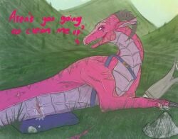 animal_genitalia bodily_fluids claws cloaca cloaca_juice delirioussmold dialogue disability dragon female female_feral feral genital_fluids genitals grass hi_res hill horizontal_cloaca horn lindwurm looking_back lying mythological_creature mythological_scalie mythology on_side pink_body pink_eyes plant princess_cerys prosthetic scales scalie scar scars_all_over simple_background solo straps text
