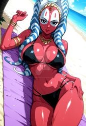 ai_generated alien beach bikini black_bikini blue_sky bracelet breasts cleavage clothing cloud colored_skin day female female_only hand_on_own_hip jewelry large_breasts lips long_hair looking_at_viewer lying navel necklace o-ring ocean on_side outdoors palm_tree red_skin sand shaak_ti shiny_skin sky solo star_wars swimsuit tentacle_hair thebear0001 thighs towel