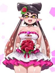 1girls alternate_costume blush breasts callie_(splatoon) cleavage cleavage_cutout dress female large_breasts long_hair looking_at_viewer mole nintendo open_mouth rose rose_(flower) splatoon t2ukmyjm tentacle_hair two_tone_hair