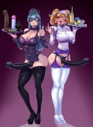 2girls chastity_cage dildo female fewine middle_finger nurse raizengax raizengax_(artist) strap-on strapon