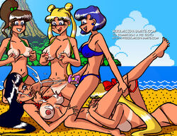 ami_mizuno big_breasts bikini bikini_bottom bikini_top bishoujo_senshi_sailor_moon black_hair blush bottomwear bow breasts color cunnilingus day female female_only hair human large_breasts long_hair makoto_kino minako_aino multiple_females multiple_girls nipples nude oral orgy outdoors pussy rei_hino sirkowski small_breasts squeezing_nipple sunscreen swimsuit tanlines topless uncensored usagi_tsukino vulva wink yuri