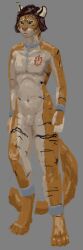 2021 anthro brown_hair clothed clothing digital_media_(artwork) felid feline fur genitals green_eyes grey_background hair hi_res jeri_kleinlowe male mammal navel nipples nude orange_body orange_fur pantherine partially_clothed penis simple_background slave solo standing striped_body striped_fur stripes tiger