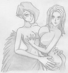 2009 2girls ass ass_grab blush breast_grab breasts clawed_fingers claws dd_warrior_lady duel_monster harpie_lady klaymoor long_hair nipples short_hair sketch sweatdrop tagme winged_arms wings yu-gi-oh! yu-gi-oh!_gx yuri