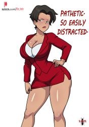 anissa anissa_(invincible) big_breasts blue_eyes brown_hair cleavage dark-skinned_female female female_focus female_only fire_antx formal_attire formal_clothes formal_wear front_view fully_clothed miniskirt self_upload short_hair