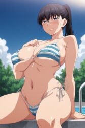 1girls ai_generated background big_breasts big_breasts bikini black_hair blue_eyes blush blushing_female bra cloud female female_focus female_only huge_boobs huge_breasts lokokabooster69 long_hair ponytail pool shuumatsu_no_harem sky smile solo solo_female toudou_akira_(shuumatsu_no_harem) trees