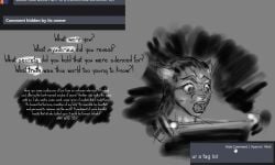 2021 anthro comment cursor digital_media_(artwork) exclamation_point eyebrows felid feline fingers furaffinity grey_background humor interrobang jeri_kleinlowe male mammal mystery open_mouth question_mark simple_background slur solo teeth text wide_eyed
