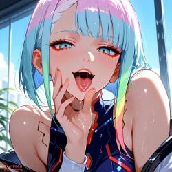 ai_generated bare_shoulders blue_eyes blue_hair blush breasts cyberpunk:_edgerunners cyberpunk_2077 dreamy_waifus eyeliner female gradient_hair green_hair indoors jacket looking_at_viewer lucy makeup multicolored_eyes multicolored_hair off_shoulder open_mouth red_eyeliner saliva saliva_drip short_hair sky solo sweat teeth tongue tongue_out upper_body upper_teeth_only wet white_hair window