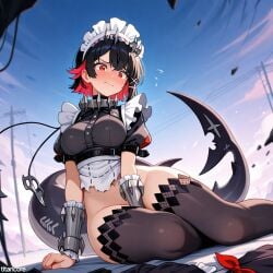 (titancore) ai_generated animal_humanoid bed big_breasts black_hair cute ellen_joe embarrassed female girl hairclip maid maid_uniform monster_girl multicolored_hair shark_girl shark_tail sitting_down torn_clothing video_game_character zenless_zone_zero