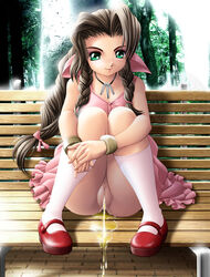 1girls aerith_gainsborough bench boots brown_hair censored dress dress_lift exhibitionism female female_only final_fantasy final_fantasy_vii footwear green_eyes human jewelry kneehighs long_hair mary_janes necklace no_panties onoe outdoors outside park peeing public shoes sitting skirt skirt_lift smile socks solo tree watersports