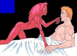 1boy 1girls all_fours banshee_(x-men) erection female generation_x green_eyes male marvel medium_breasts muscular_male nude penance red_hair red_skin sean_cassidy smooth_skin straight tenting x-men