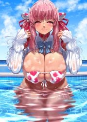 1girls :3 animal_ears animal_print bell bikini blue_bow bow breasts collar cow_ears cow_girl cow_horns cow_print cowbell eyepatch_bikini face_piercing fanbox_username female female_only gyaru half-closed_eyes horns huge_breasts kogal long_hair long_sleeves looking_at_viewer multicolored_bikini navel nekoguchi nose_piercing nose_ring original outdoors partially_submerged piercing pink_bikini pink_eyes pink_hair pool red_collar shrug_(clothing) signature skindentation sky solo stomach striped_bow swimsuit tan twintails twitter_username two-tone_bikini vitiligo water wet wet_clothes white_bikini white_shrug