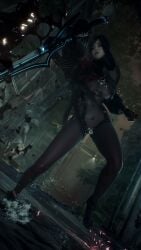 attack black_hair blood_splatter body_stocking breasts clothing_cutout female from_below leather_straps long_hair looking_at_viewer pointing_at_self pussy raven_(stellar_blade) revealing_clothes reverse_outfit screenshot stellar_blade stellarboi sweater_lift sword transparent_clothing video_games wet_pussy worried_expression