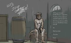 2022 anthro barrel box brown_body brown_fur container dated feet felid feline frown fur inside jeri_kleinlowe male mammal nipples nude nude_male sitting slave solo tail text white_text yellow_eyes