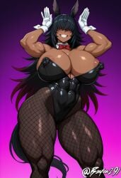 abs abs_visible_through_clothing ai_generated areola_slip arms_up biceps big_breasts black_hair black_leotard bonfen291 breasts bunnysuit caramela_(bonfen) cleavage colored_tips covered_nipples dark-skinned_female detached_collar female female_pubic_hair fishnet_legwear hair_over_eyes horse_ears horse_girl horse_tail huge_nipples long_hair muscular muscular_female muscular_legs original_character pantyhose playboy_bunny rabbit_pose red_bowtie red_hair self_upload skin_tight sleeveless_leotard smile solo spiked_hair standing teeth thick_thighs very_long_hair white_collar white_gloves wrist_cuffs